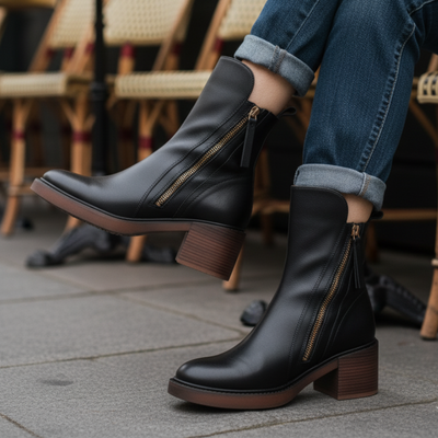 Doreen™ | Black leather boots with a comfortable heel, elegant and timeless