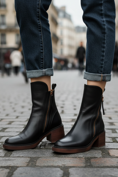 Doreen™ | Black leather boots with a comfortable heel, elegant and timeless