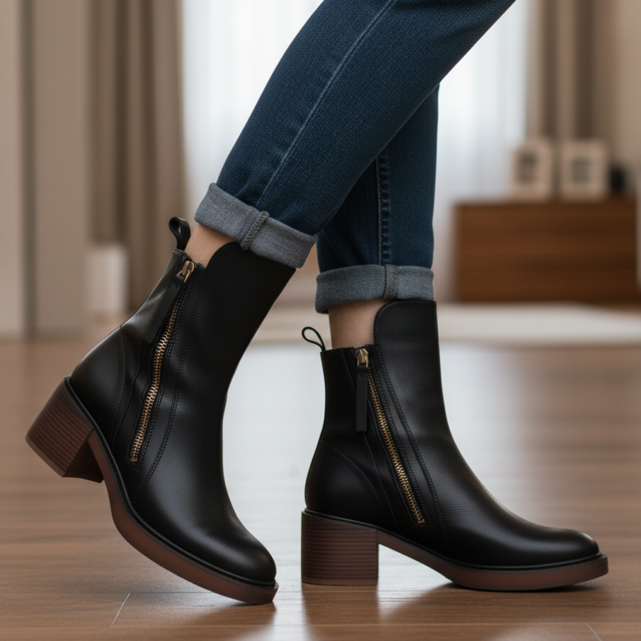 Doreen™ | Black leather boots with a comfortable heel, elegant and timeless