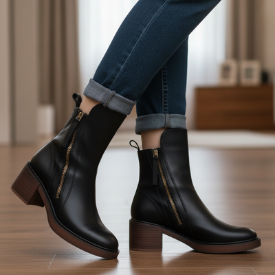 Doreen™ | Black leather boots with a comfortable heel, elegant and timeless