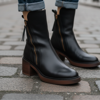 Doreen™ | Black leather boots with a comfortable heel, elegant and timeless