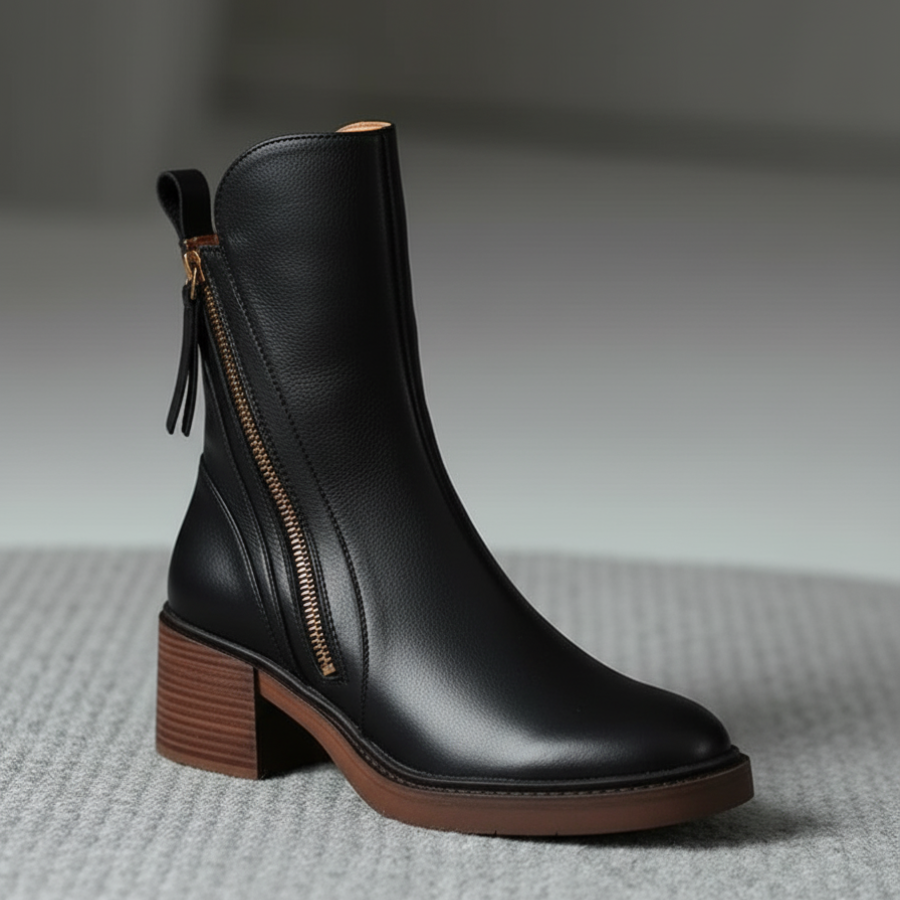 Doreen™ | Black leather boots with a comfortable heel, elegant and timeless