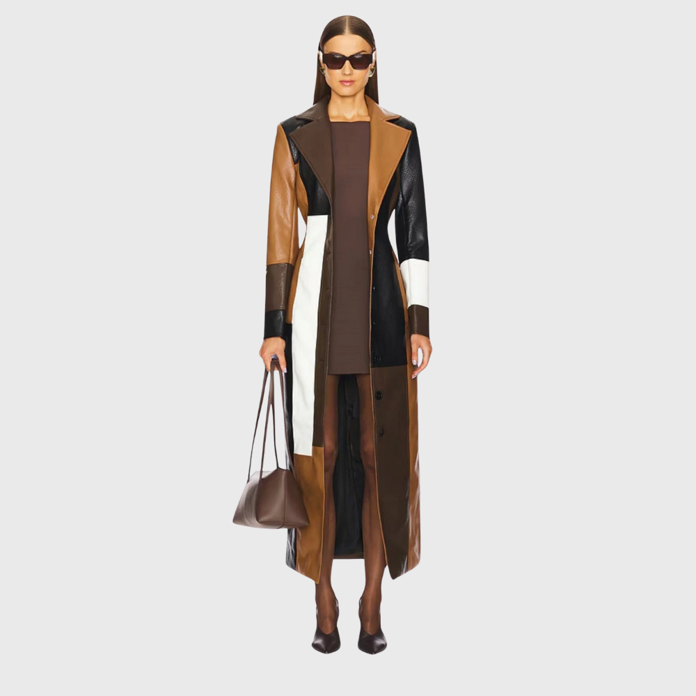 Carly™ | Long Elegant Leather Patchwork Coat