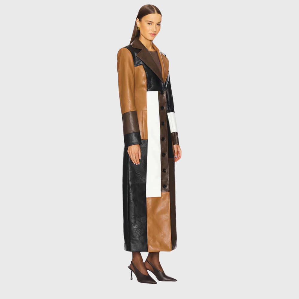 Carly™ | Long Elegant Leather Patchwork Coat