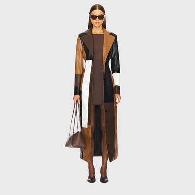 Carly™ | Long Elegant Leather Patchwork Coat